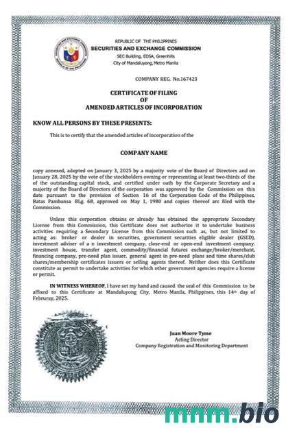 Philippines vcertyfikat of company inkorporacja Word i szablon PDF, version 2
